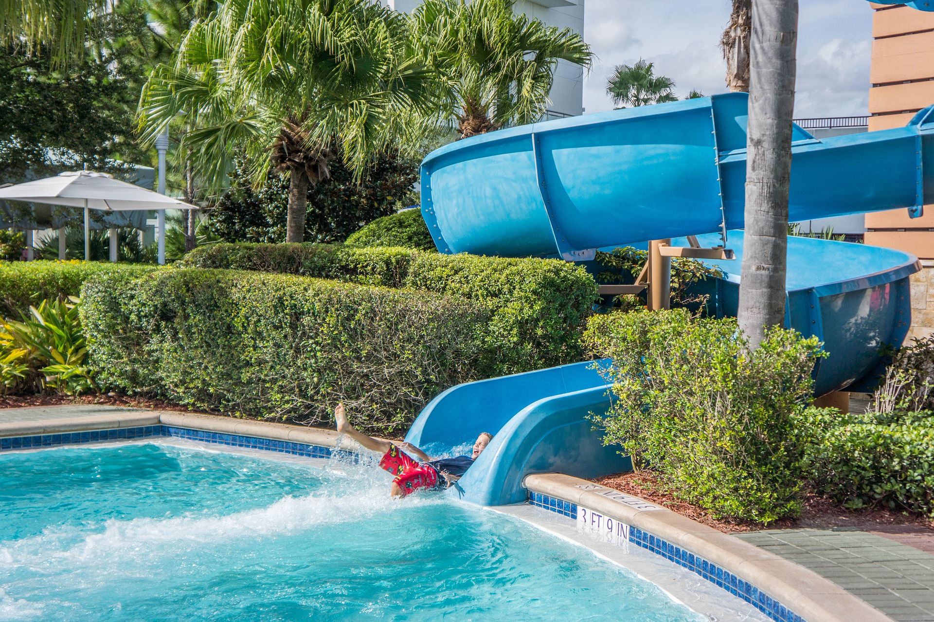 a water slide and a pool