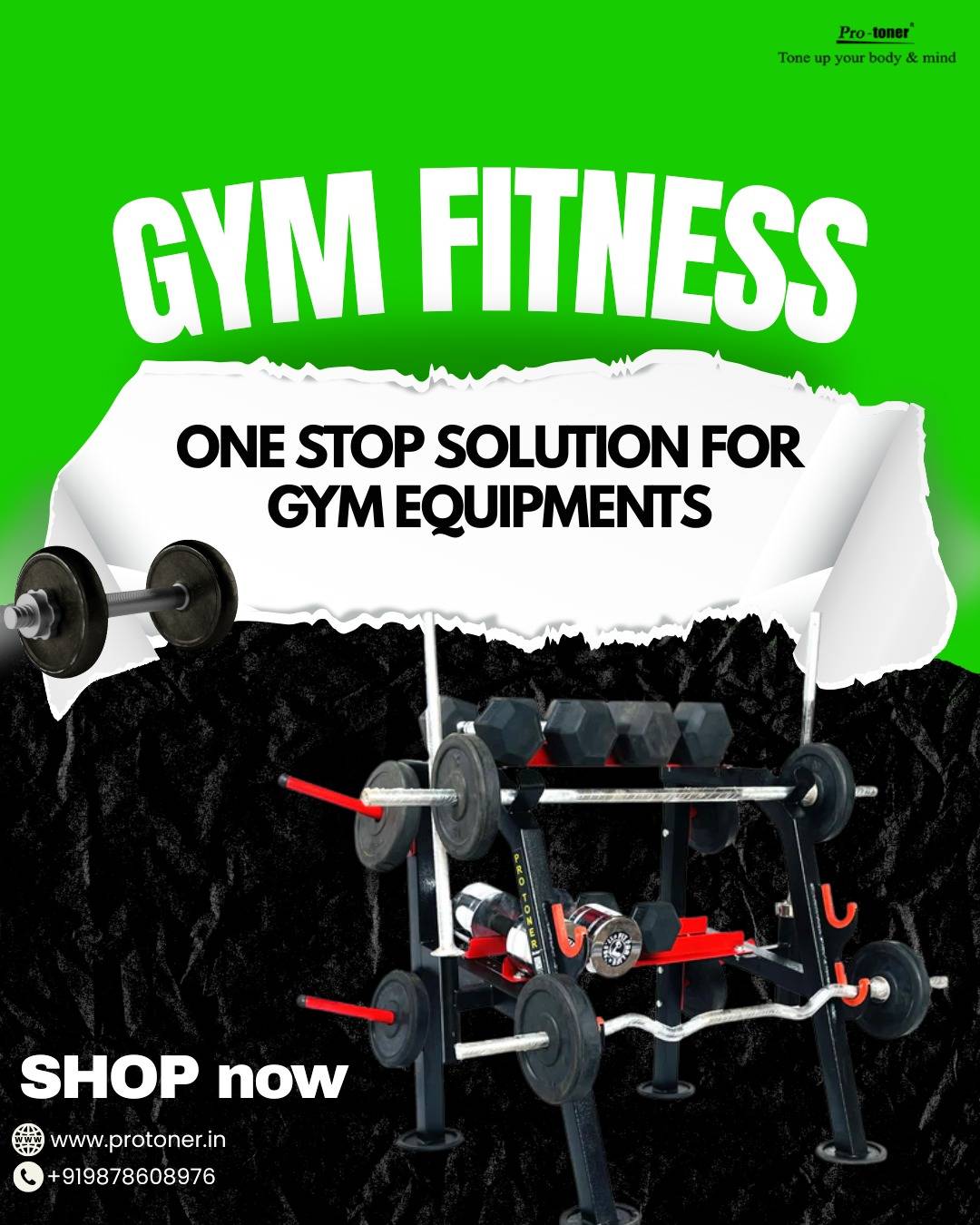 Minimal home gym setup with Protoner bench, dumbbells, and barbell arranged neatly for strength training