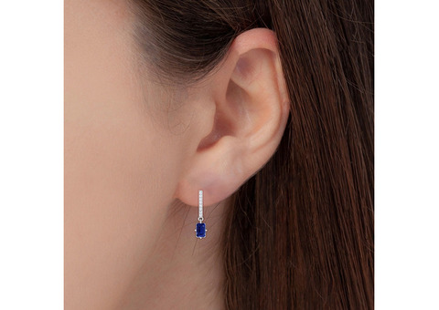 Glorious Emerald Cut Blue Sapphire Dangling Gem Stone Earrings