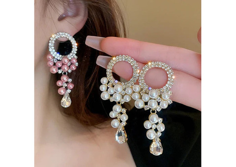 Luxury Chic Crystal Round White Pink Pearl Tassel Earrings for Women