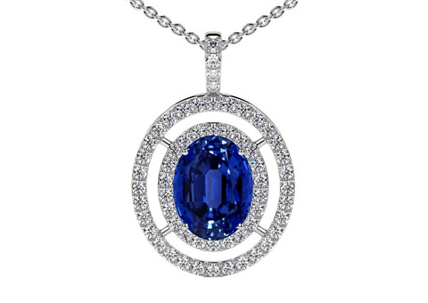 Oval Sapphire Pendant with Dual Halo Design