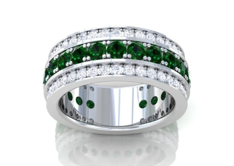 Emerald and Diamond Round Prong Eternity Band Wedding Ring