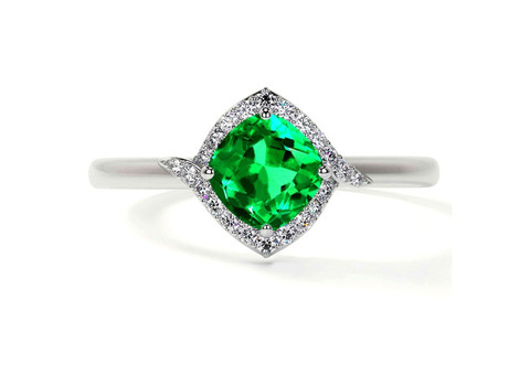 Unique Square Cushion Cut Emerald Engagement Ring with Offset Halo