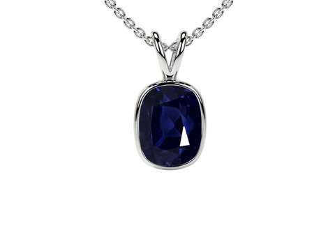 Blue Sapphire Pendant Cushion Cut in Bezel Design