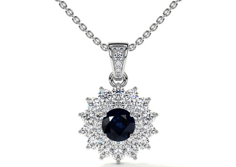 Luxurious Blue Sapphire Round Starburst Halo Pendant (1.35cttw)