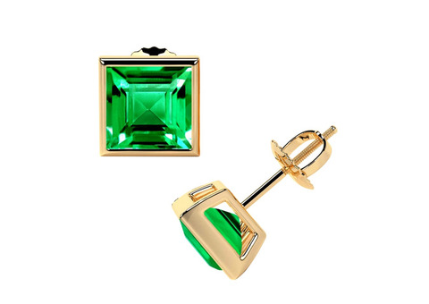 Square Emerald Gold Earrings in a Bezel