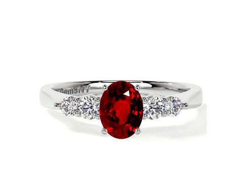 Ruby Oval Five Stone Untreated and Diamond Ring 0.91cttw