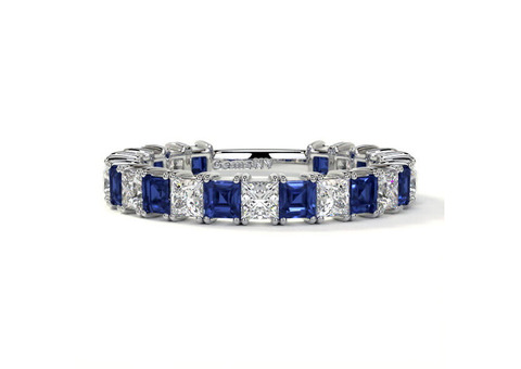 Blue Sapphire Square Shape Prong Wedding Band