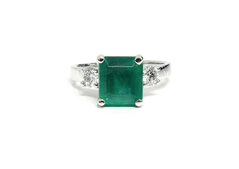 Beautiful Emerald Prong Set Three Stone Ring With Round Diamonds