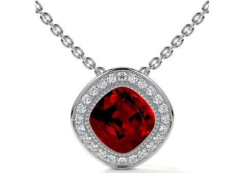 Get Your Ruby Necklace with a Cushion Cut Ruby Halo Bezel Pendant