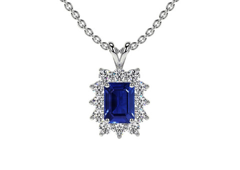 Shop Blue Sapphire Emerald Cut Halo Diana Gemstone Pendant