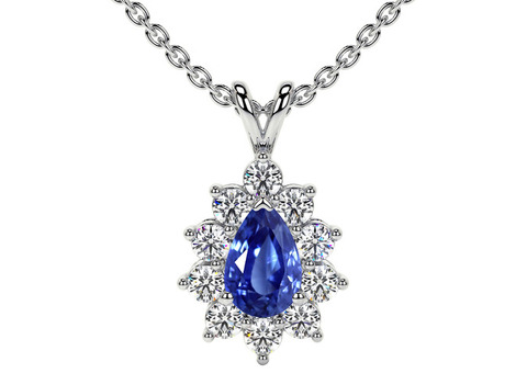 Classic Blue Sapphire Pear Halo Pendant Design