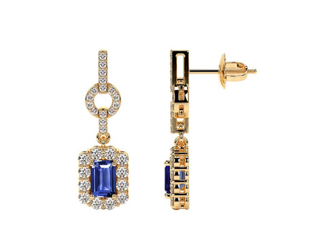 Blue Sapphire Emerald Cut Dangling Earrings With Round Diamonds