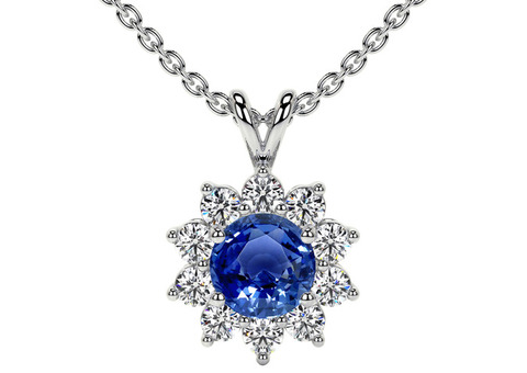 Blue Sapphire Round Untreated Halo Diana Pendant